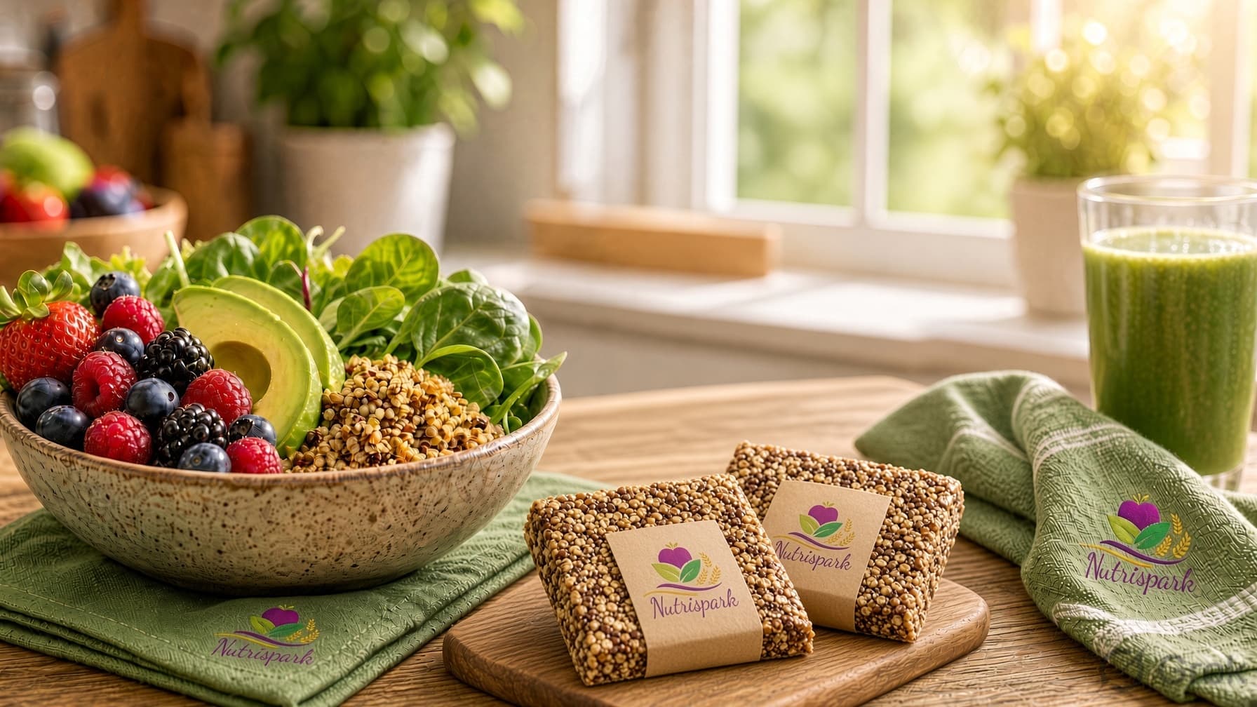 A Nutrispark berry, greens and quinoa bowl with smoothie and branded snack bars