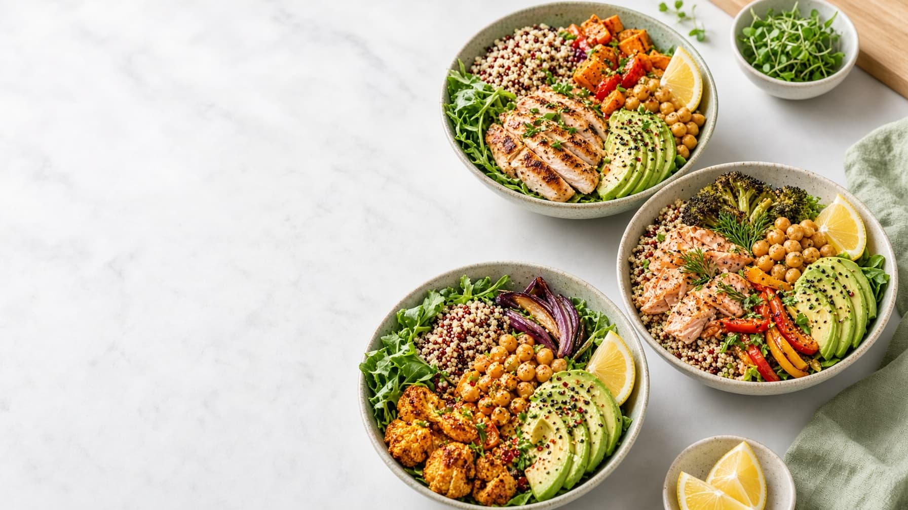 Fresh, dietitian-guided nutrition bowls with grilled chicken, salmon, quinoa, avocado, and roasted vegetables